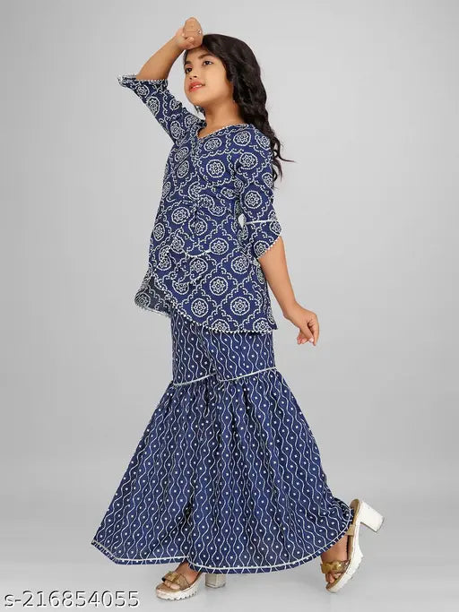 Rayon printed kurta & sharara set with A-line top and long sleeves, vibrant Nivudi pattern for kids 6-12 years, Indian ethnic wear