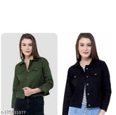 Trendy solid denim regular fit girls' jackets (pack of 2), three-quarter sleeves, denim jacket set for women, India origin