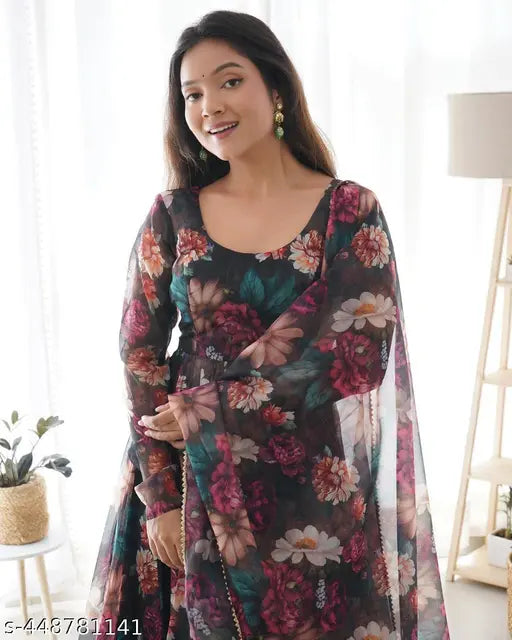 Premium black floral printed Georgette silk festival gown with dupatta for women, long sleeves, multiple sizes available. Elegant and versatile traditional Indian outfit for special occasions
