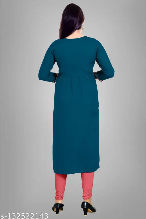 Denim blue embroidered straight kurta by HAYA FASHION, calf length, ¾ sleeves, premium quality rayon fabric