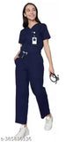 Navy blue nylon scrub suit with short sleeves, featuring multiple pockets and drawstring pants with elastic waistband. Durable and wrinkle-resistant, ideal for healthcare professionals