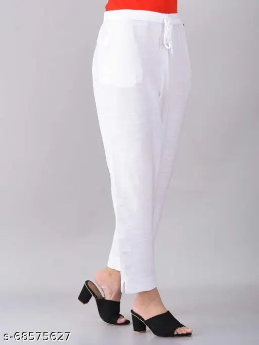 Pure cotton, white daily wear trouser pant for women by Yashu Creations - elasticated, side-pocketed, comfortable apparel in flexible fabric