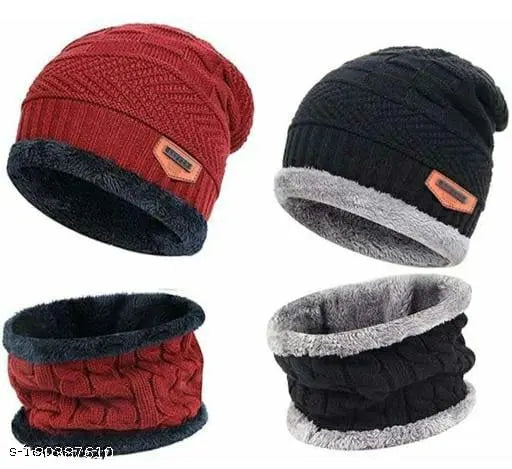 Woolen cap and neck muff combo set (2 pairs), fur-lined for winter protection. Trendy style suitable for men, women, boys, and girls