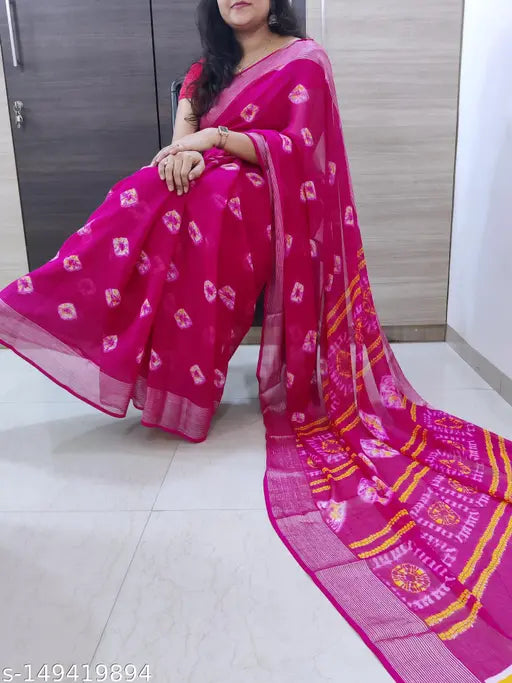 Bright chiffon Batik Butterfly saree, intricate printed pattern on free-size piece
