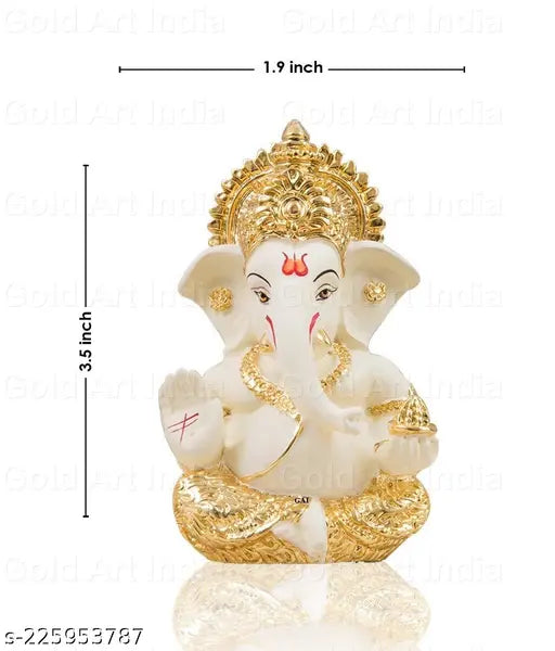 Gold-plated ceramic Car Dashboard Ganesha Idol, off white terracotta finish, 3.5 x 2 inches