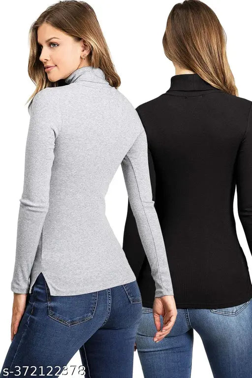 Solid lycra high neck top, long sleeves, XS bust size 28in, length 23in, women's fashion clothing