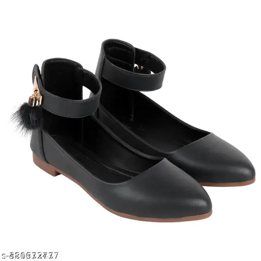 Synthetic leather women's Bellies and Bellerina flats, solid design in sizes IND-3 to IND-8. Made in India with Velcro fastening