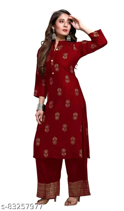 Gold foil printed Rayon kurti set with Palazzos, ethnically inspired for women