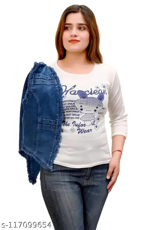 Garce/stylish denim sleeveless jacket for girls, light and dark color printed, size chart available