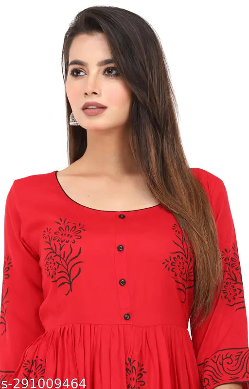 Handblock printed rayon kurti for women, vibrant print with three-quarter sleeves, India origin