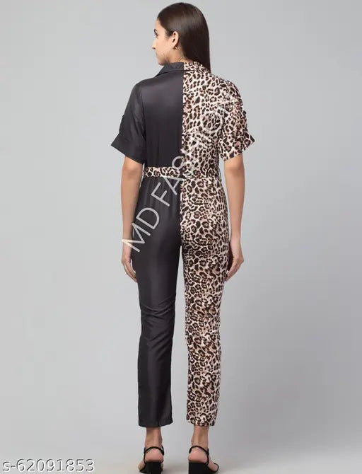 Dual-tone animal printed poly crepe jumpsuit with short sleeves and vibrant pattern, ideal for fashion-forward outfits (N, sizes XS-M). Made in India