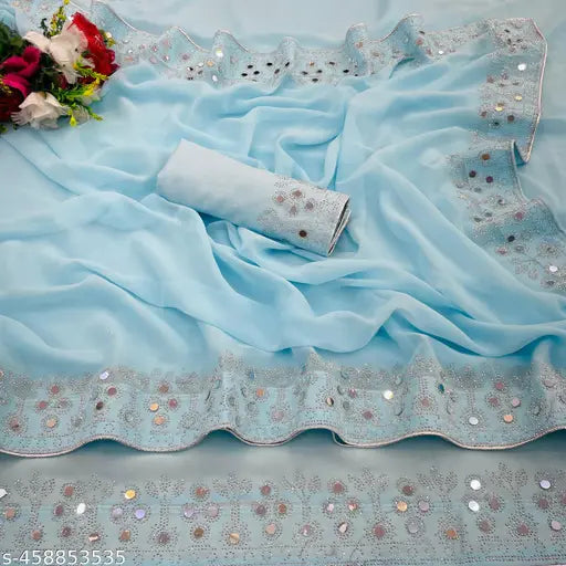 Embellished diamond work silk saree with running blouse piece, free size Georgette and Art Silk, Indian women's & girls fashion accessory