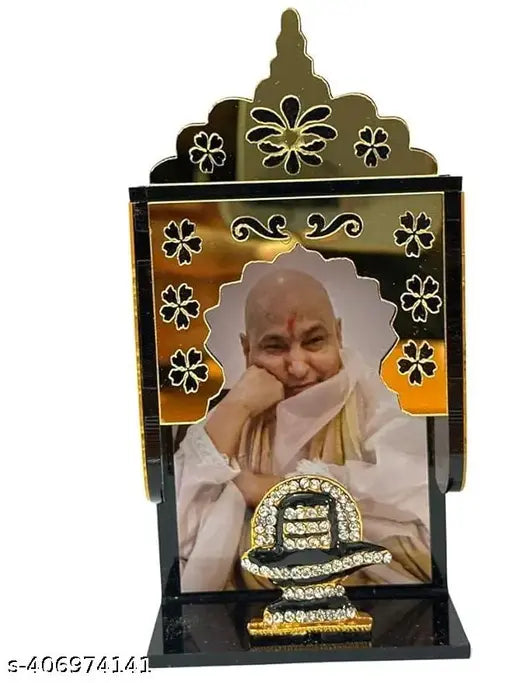 Gold-framed acrylic Guruji Car Swaroop with OM Shiv Lingam, ideal for car dashboards