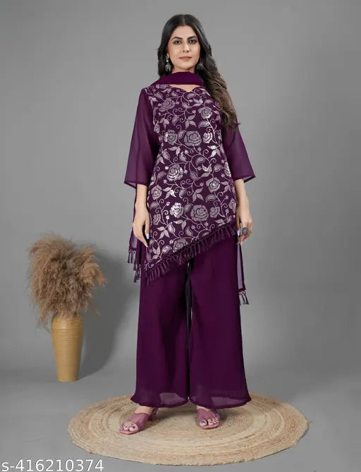 Glamorous sequined Georgette kurti-sharara set with dupatta, vibrant embroidery for all occasions, India origin