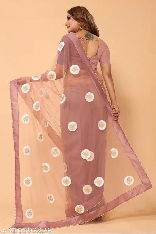 Elegant floral embroidered net saree with unstitched blouse piece, perfect for parties or weddings, India origin