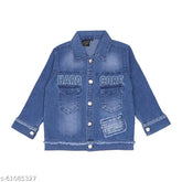 Blue denim boys' jackets by Cremlin Clothing, long sleeves, washed/dyed pattern. Kids winter wear