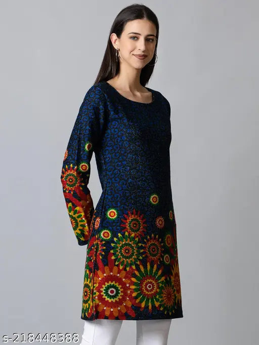 Printed wool A-line kurta, long sleeves, women's traditional Indian clothing