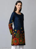 Printed wool A-line kurta, long sleeves, women's traditional Indian clothing