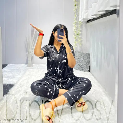 Moon star print ladies night suit, silk blend sleepwear set with short sleeves, comfortable and luxurious, made in India