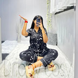 Moon star print ladies night suit, silk blend sleepwear set with short sleeves, comfortable and luxurious, made in India