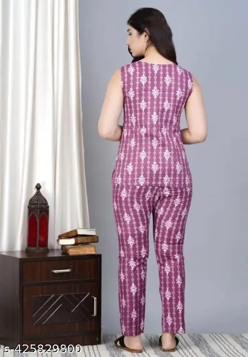 Purple floral printed, soft cotton women's night suit set with top and pyjamas - regular fit, comfortable design