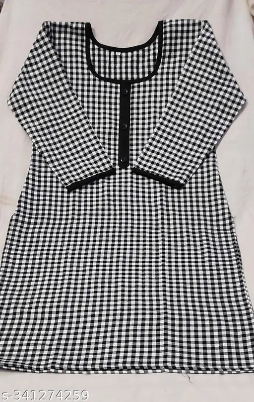Woolen check kurti with three-quarter sleeves, single piece in sizes M-XXXL. Handcrafted Indian woolen wear