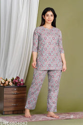 Grey cotton printed night suit and pyjama coord set for women, stylish combo print with V-cut round neck