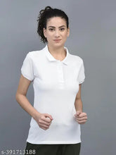 White cotton blend solid polo neck t-shirt by Dollar Women's, ideal for athleisure wear