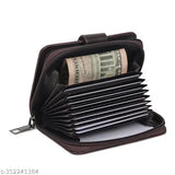 Brown faux leather RFID card holder wallet with 8 card slots, 2 cash compartments, and 9 extra slots for daily use. Compact size of 11.5x9x3cm fits easily into handbags or coats pockets. Ideal for personal use or gift-giving, originating from India