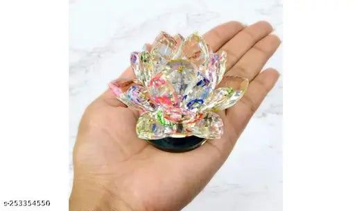 Transparent crystal lotus for positivity, feng shui showpiece, brings prosperity, success. (1.5" L x 1.5" W x 1.5" H, 185g) Attracts new love & revitalizes relationships, emits positive energy, purifies surroundings, ideal for Southwest sector of home. Indian brand MISHA