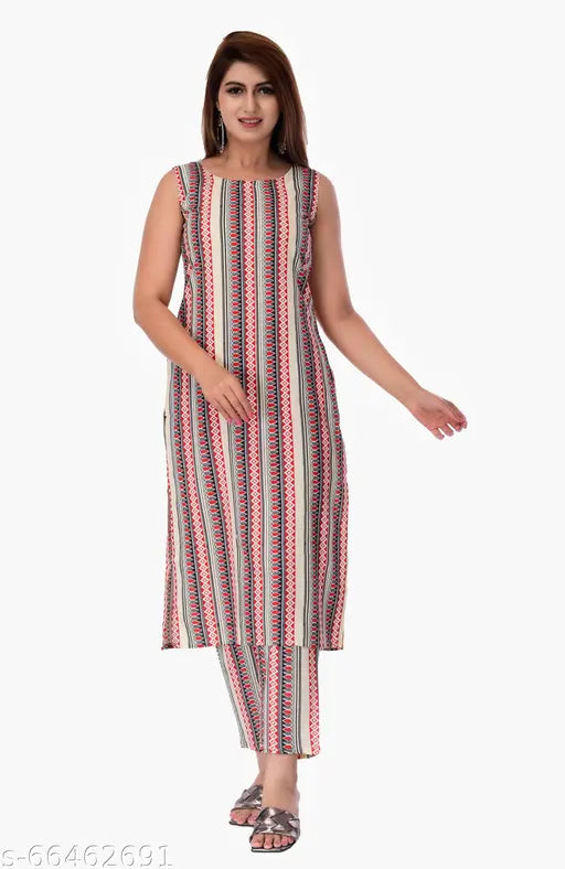 Rayon printed kurta pant set, sleeveless, India-origin, feminine & modest women's fashion