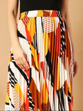 Geometric printed crepe midi skirt with elastic waist, Western wear for women's fashion. Printed net pleated A-line style, suitable for spring, autumn, and winter. Sizes available from 26 to 38 inches. Made in India