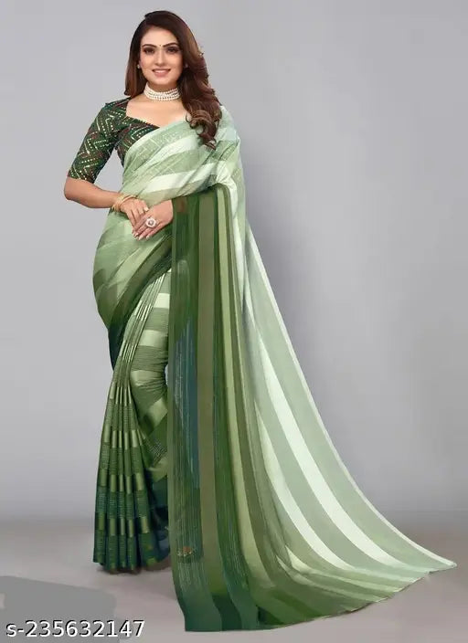 Striped, embellished net weightless jari saree with separate denim blouse in free size, India origin