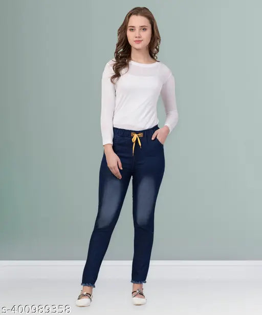 Dark blue stretchable premium denim high-waisted knee washed jogger jeans for women