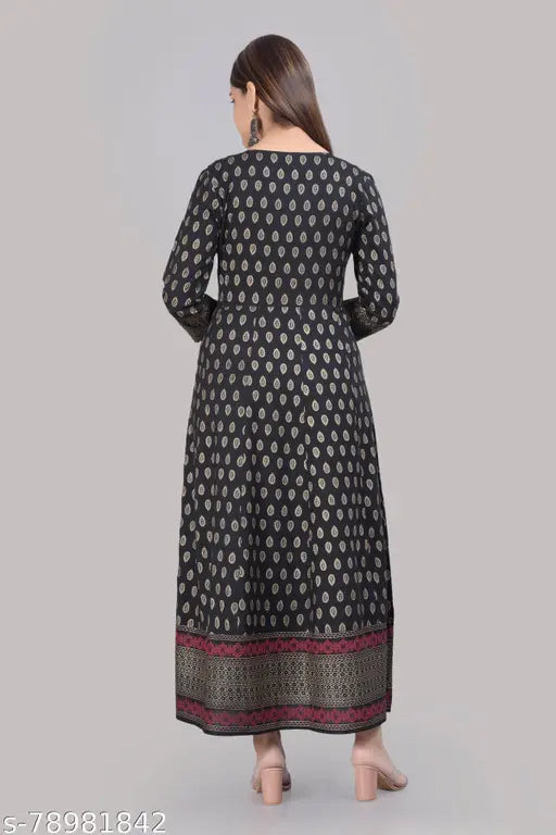 Black embellished printed rayon Anarkali kurta with three-quarter sleeves, Indian women's fashion on mannequin