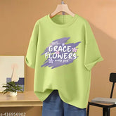 Cotton oversized baggy t-shirt, printed with viral flower design, three-quarter sleeves, women's wear by Skyct Store, India