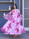 Printed net Georgette long-sleeve Rockway Pink dress, India-made, S-4XL sizes available