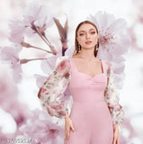 Pink Lycra jumpsuit, flower printed casual wear, new stylist party jumpsuit. On model wearing size L, showing long sleeves and solid pattern. Made in India