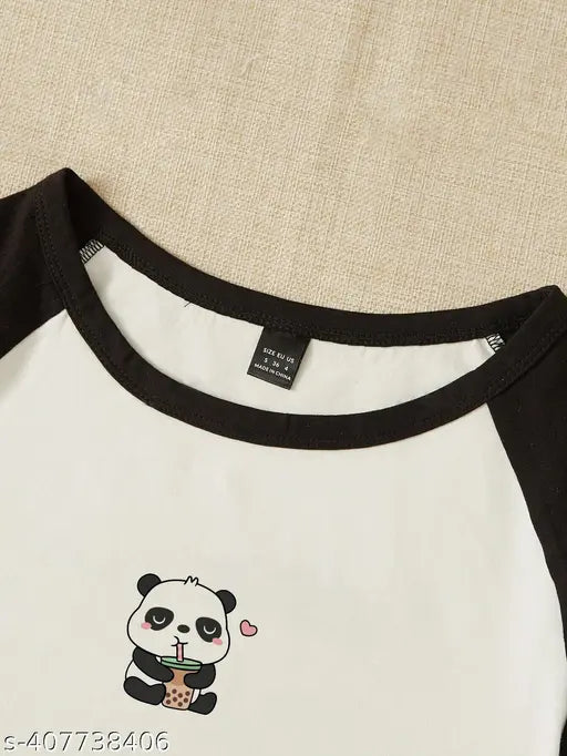 Cotton Raglan panda T-shirt, short sleeves, printed design for casual wear, XS to XXXL sizes available