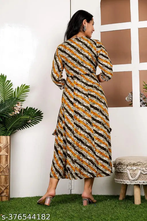 Foil print Rayon Lahariya Anarkali Kurti for Women, 3/4 sleeve, floral print embroidery, size L (bust 40in), India-made fashion