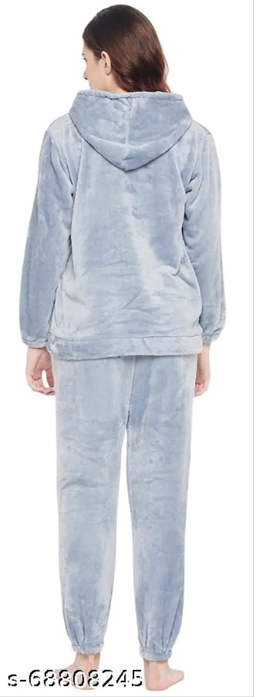 Wool women's winter night suit with hood, printed pattern, available in M, L, XL, XXL - Made in India