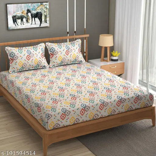 LA collection premium cotton blend elastic king size fitted bedsheets, double bed with all-around elastic, 72x78+10 inches, supersoft geometric pattern
