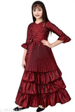 Maroon silk frock dress for girls, embellished net pattern, comfortable everyday wear (7-8 years size)