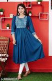 Rayon three-quarter sleeve kurti for women, solid pattern, traditional embroidered Anarkali style, India origin