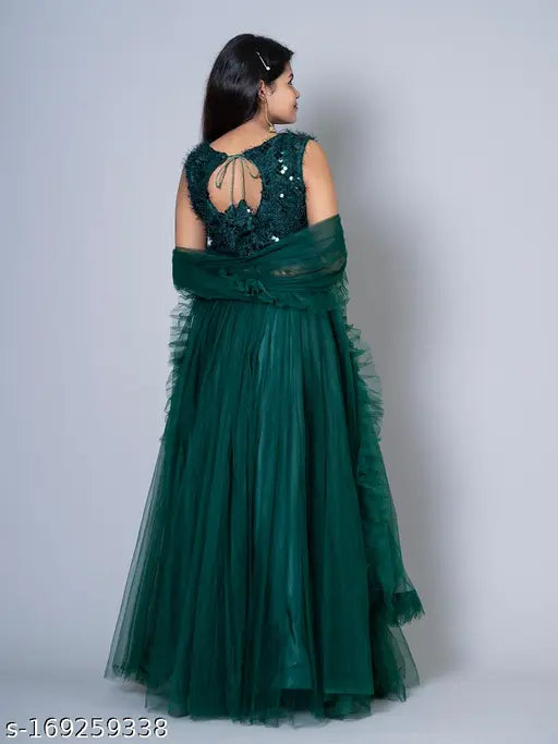 Green embellished art silk ruffle lehenga blouse set with net dupatta, Indian-made Indo Western combination