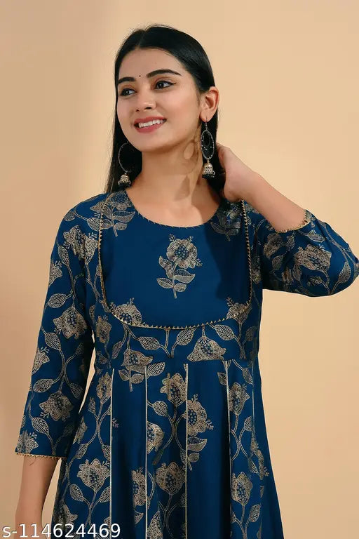 Soft, printed rayon Anarkali long kurti with flared sleeves and patterned combo, suitable for festive wear