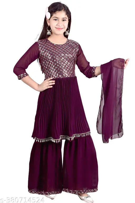 Embellished A-line georgette Sharara set for girls, traditional ethnic Indian outfit with dupatta and long sleeves
