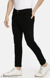 Black cotton men's slim fit denim jeans with washed pattern, modern look and comfortable mid-rise. Sizes available: 28, 30, 32 (waist: 28/30/32 in, length: 40 in, hip: 35/37/39 in). Made in India
