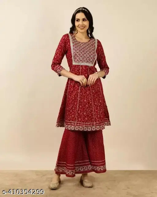 Floral yoke design beads and stones pure cotton kurta with sharara & dupatta, pack of 3, printed net, three-quarter sleeves, sizes XS to XXL