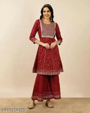 Floral yoke design beads and stones pure cotton kurta with sharara & dupatta, pack of 3, printed net, three-quarter sleeves, sizes XS to XXL